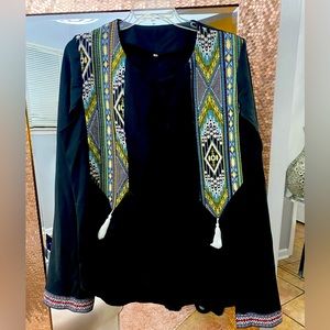 Shawl collar jacket with pattern, barley used , fits sizes 12,14, 16